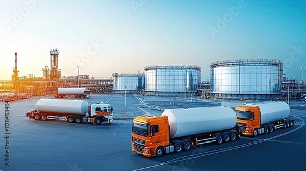 Fototapeta Aerial view of oil gas terminal concept, Bird seye view of a clustered oil terminal with reflective storage units and tanker trucks under clear skies