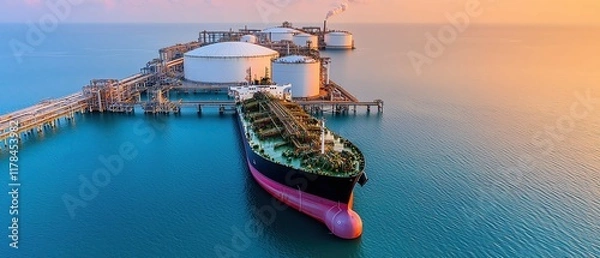 Fototapeta Aerial view of oil gas terminal concept, Wide aerial view of a liquefied natural gas terminal with massive cooling tanks and a ship being loaded