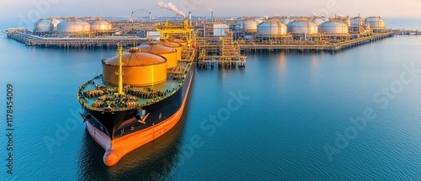 Fototapeta Aerial view of oil gas terminal concept, Wide aerial view of a liquefied natural gas terminal with massive cooling tanks and a ship being loaded