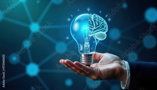 Obraz Businessman holds virtual lightbulb with brain inside. Concept of innovation, smart thinking. Idea generation inspiration. Modern business technology. Blue bokeh background emphasizes creative