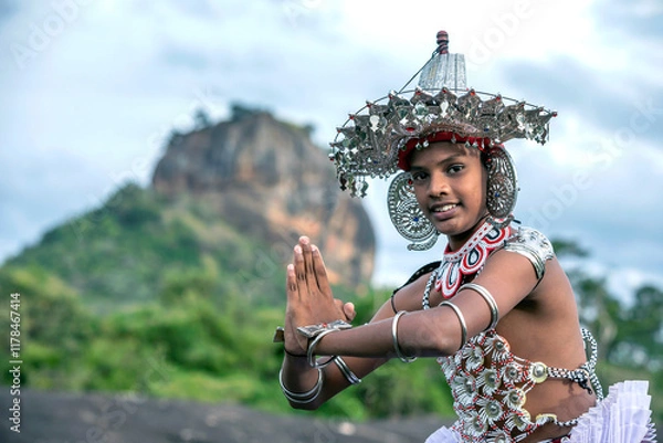Fototapeta SIGIRIYA, SRI LANKA - JULY 16, 2024 : A Ves Dancer, also known as a Kandyan Dancer or Up Country Dancer performs at Sigiriya in Sri Lanka. In the background stands Sigiriya Rock.