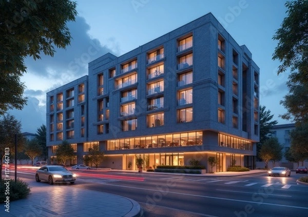 Obraz Modern building with glowing facade at dusk in an urban setting