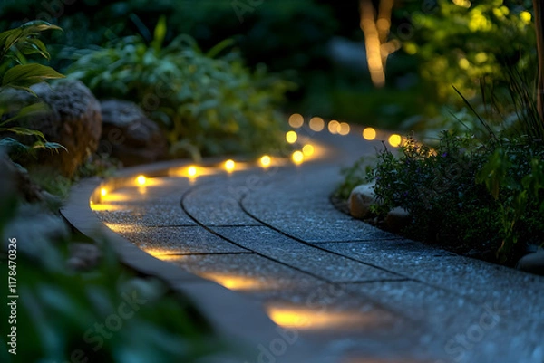 Obraz Illuminated pathway winding through a lush garden at night.
