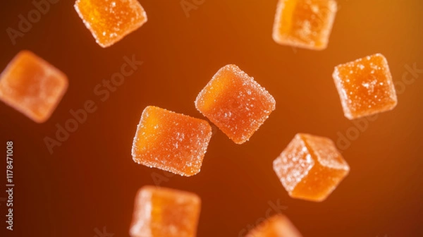 Fototapeta Falling Sugared Orange Gelatin Cubes on Warm Background