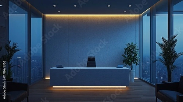 Fototapeta Modern office reception desk at night with city view.