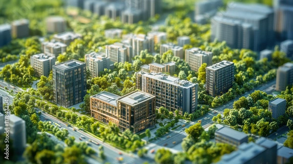 Fototapeta Aerial view of modern city with green spaces and buildings