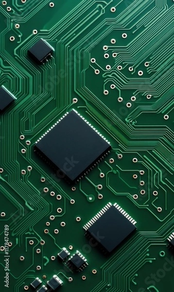 Fototapeta Close-Up View of Circuit Board with Microchips and Electronic Components on Green Background