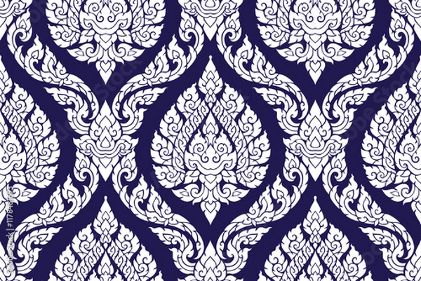 Fototapeta Traditional Thai art seamless white colored floral pattern in damask style motifs suitable for wallpaper, curtain, clothing, blanket, tile and fabric design isolated over blue background. 