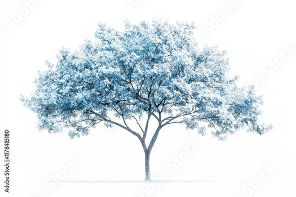 Obraz A beautiful tree covered in snow, isolated on a white background, showcasing the serene beauty of winter.