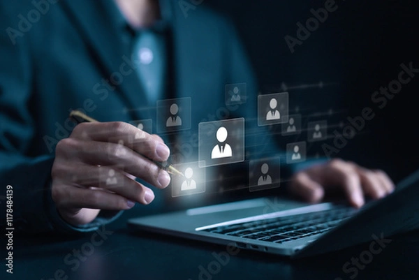 Fototapeta human resource manager, managing people, hiring and recruitment process. concept of HR recruiting customers, company service, network links worldwide, and online digital technology for human managers