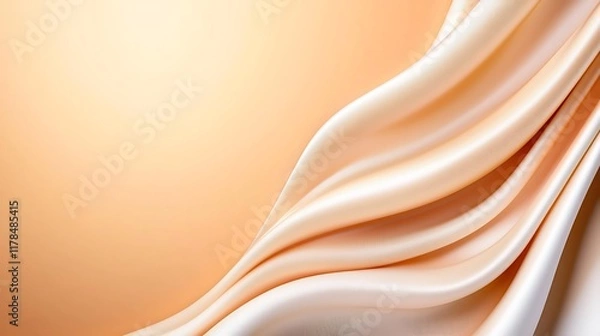 Fototapeta Elegant creamy beige silk fabric flowing smoothly, creating soft waves and folds against a pale gold background.