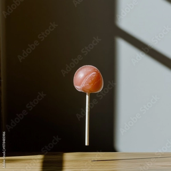 Fototapeta Red Lollipop on Wooden Table  Minimalist Candy Photography