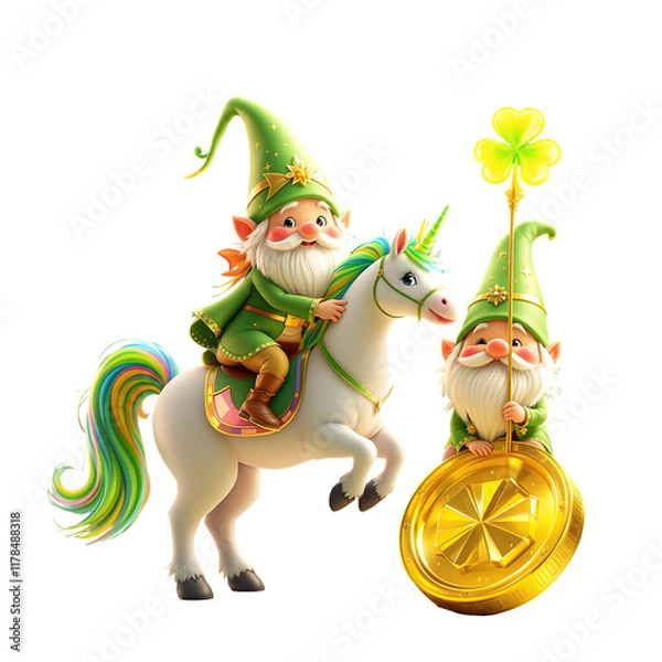 Fototapeta  cute st patricks day leprechaun riding magical unicorn with rainbow mane and golden coin digital art illustration, generative ai