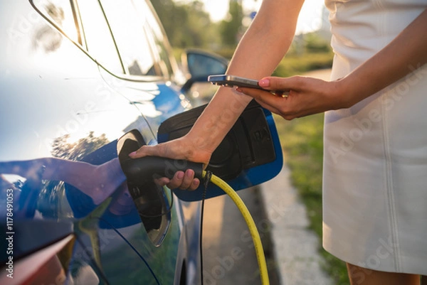Obraz Close up woman hands using a smartphone for payment for charging an electric car 