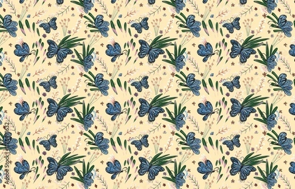 Fototapeta Seamless pattern abstract with butterfly leaf  and small flowers 