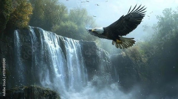 Obraz Bald Eagle Flying Over Majestic Waterfall