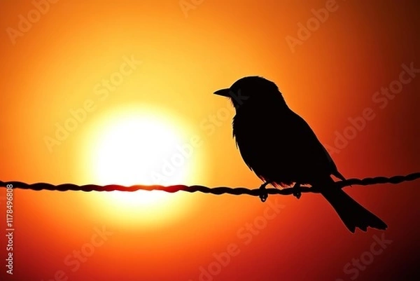 Fototapeta A bird perched on a wire silhouetted against a vivid orange sunset, creating a striking contrast with the glowing sun.