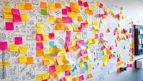 Fototapeta A creative brainstorming wall adorned with colorful sticky notes, sketches, and diagrams, capturing the energy and innovation of a vibrant startup hub