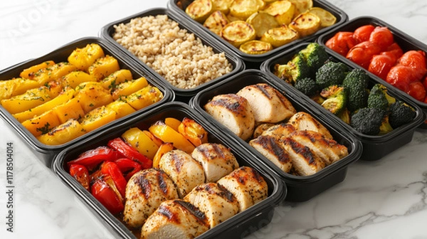 Obraz ヘルシーなミールプレップ: グリルチキン, ロースト野菜, ライス