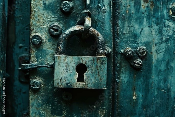 Fototapeta Rusty padlock on an old door with weathered blue paint and a mysterious keyhole detail