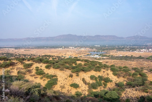Obraz Pushkar, Rajasthan, India - 28 Jan 2024: Arial view of Pushkar city from the top of the hill