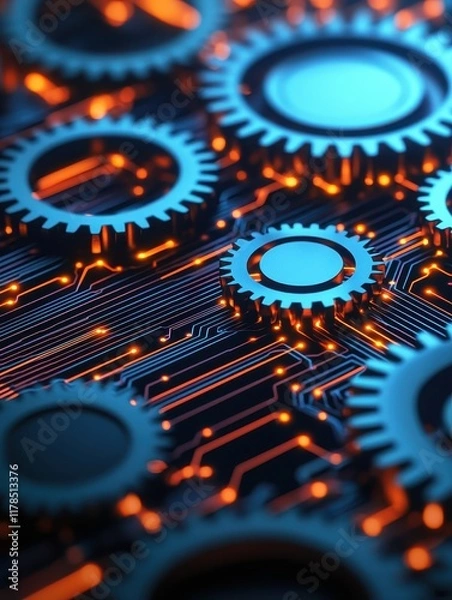 Fototapeta A close-up of interconnected gears on a circuit board, featuring vibrant blue and orange colors, symbolizing technology and innovation.