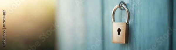 Fototapeta Unlocking potential, a single key and blue door symbol of new beginnings opportunities