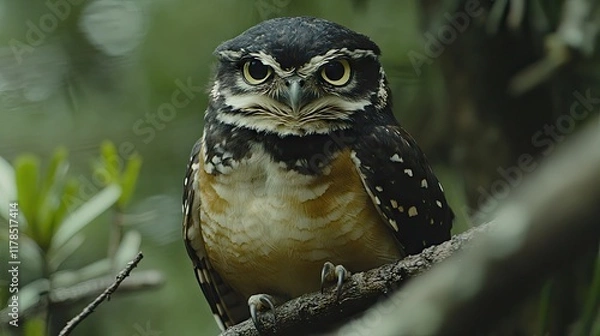 Fototapeta A close-up of an owl perched on a branch, showcasing its striking features and intense gaze.