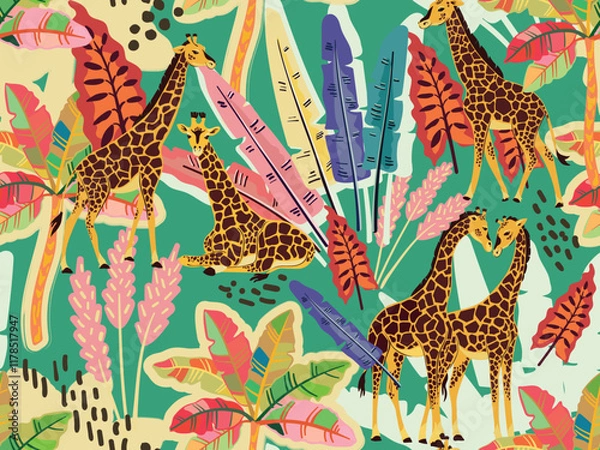 Fototapeta A seamless tropical pattern featuring giraffes and exotic leaves. Perfect for summer-themed designs.
