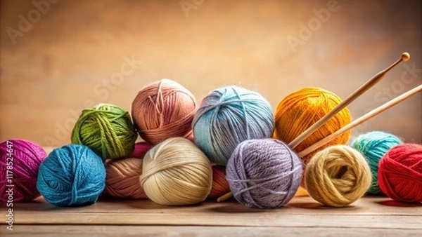 Obraz Minimalist Knitting Setup with Colorful Yarn Balls and Needles - Perfect for Crafting Enthusiasts and Handmade Lovers