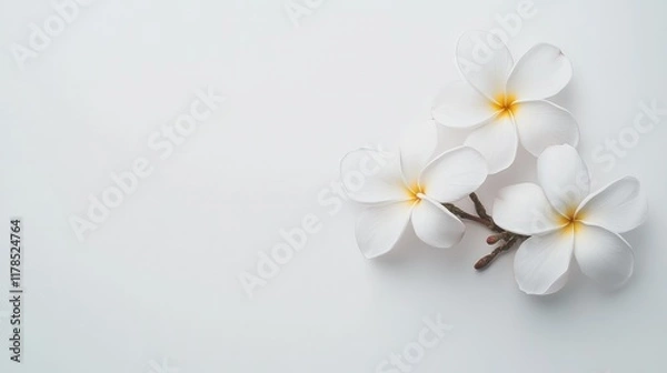 Fototapeta A simple composition of Plumeria flowers placed on a bright white background with plenty of copy space for creative designs