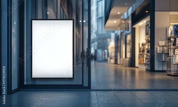 Fototapeta A blank white poster on the street, a mockup of an empty A4 format paper with no text or design, an urban environment with city streets and a construction site in the background
