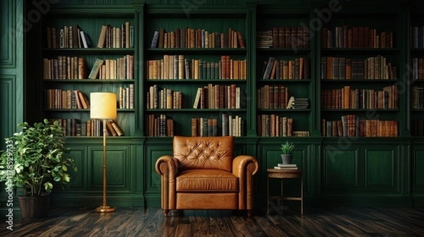 Obraz Luxurious Leather Armchair in a Classic Green Library with Bookshelves