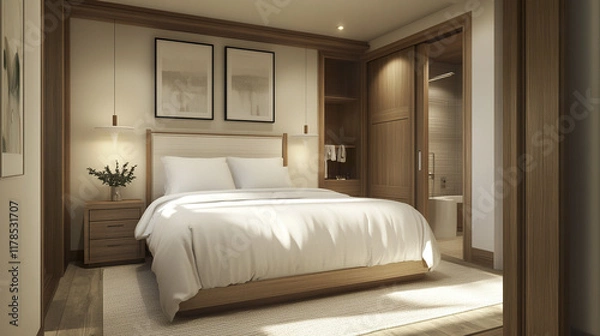 Fototapeta Contemporary bedroom with soft white bedding and wooden accents