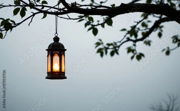 Fototapeta A single lantern, its warm light casting a glow against the cool, misty backdrop of a bare tree branch and a twilight sky.