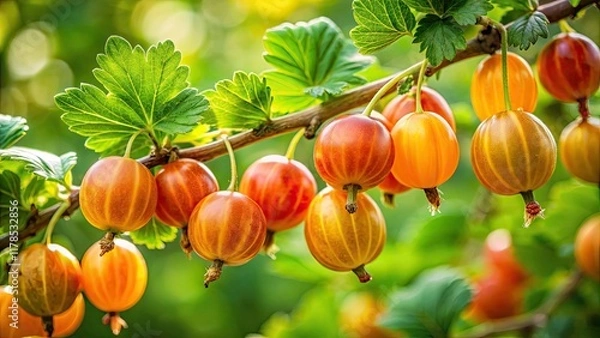 Fototapeta Ripe Orange Gooseberries on a Branch Surrounded by Lush Green Leaves - Vibrant Nature Scene Capturing the Essence of Summer Harvest and Organic Gardening