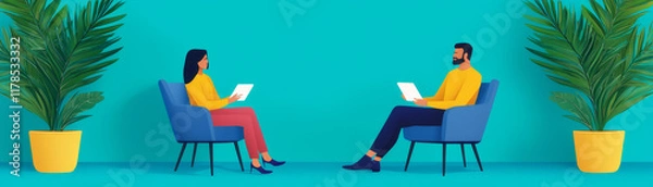 Fototapeta Two people sit in vibrant chairs, engaging with tablets, surrounded by lush greenery against a bright turquoise backdrop.