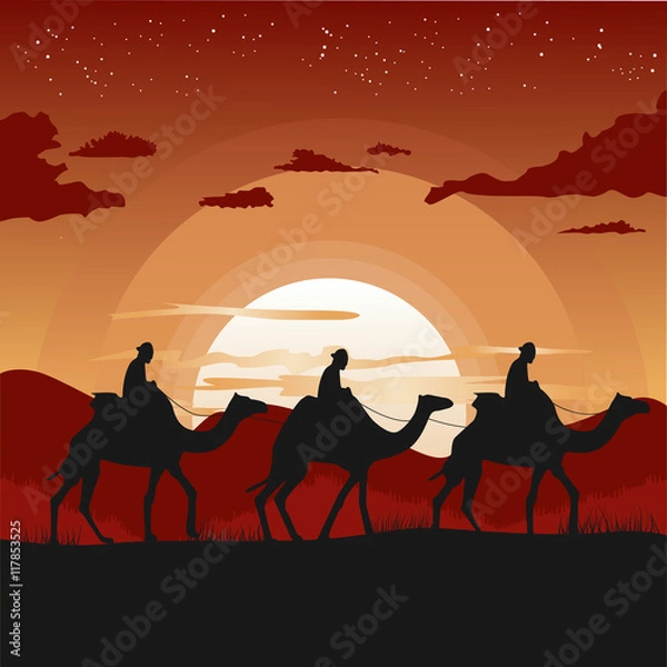 Fototapeta silhouette of camel caravan traveling in desert at sunset
