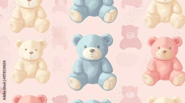 Fototapeta A playful pattern of colorful teddy bears on a soft pink background.
