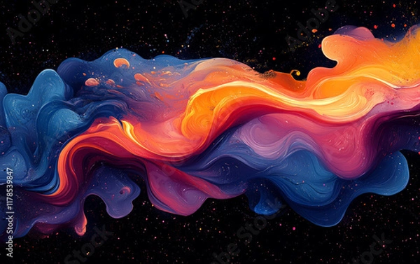 Fototapeta The dynamic interplay of rich blues, fiery oranges, and soft pinks creates a sense of movement and depth, reminiscent of interstellar clouds or vibrant liquid formations