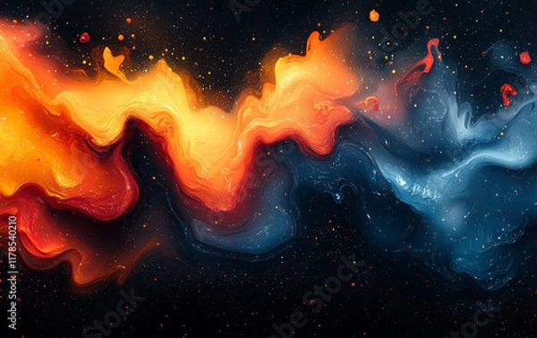 Fototapeta The dynamic interplay of rich blues, fiery oranges, and soft pinks creates a sense of movement and depth, reminiscent of interstellar clouds or vibrant liquid formations