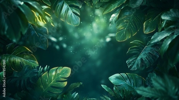 Fototapeta A magical image framed by glowing green tropical leaves on a dark background. Perfect as a design background for a fantasy atmosphere or a glowing nature theme, with a mysterious, enchanting feel.