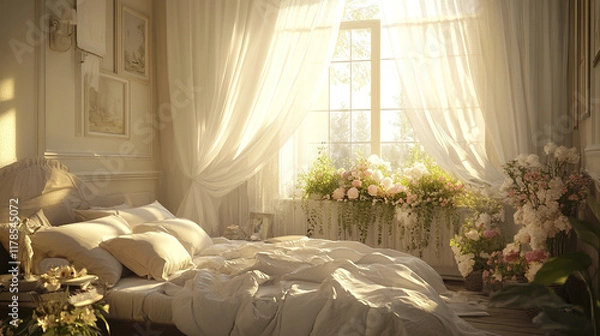 Fototapeta Serene bedroom with morning light filtering through curtains