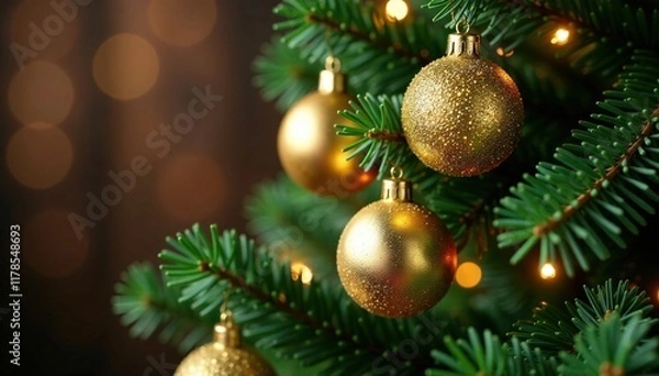 Fototapeta Sparkling gold glitter evergreen branch with intricately designed Christmas tree ornaments, christmas tree, evergreen