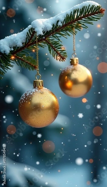 Fototapeta Golden Christmas ornaments sway gently in the snowy breeze on a serene pine branch, frosty, sparkle, sway