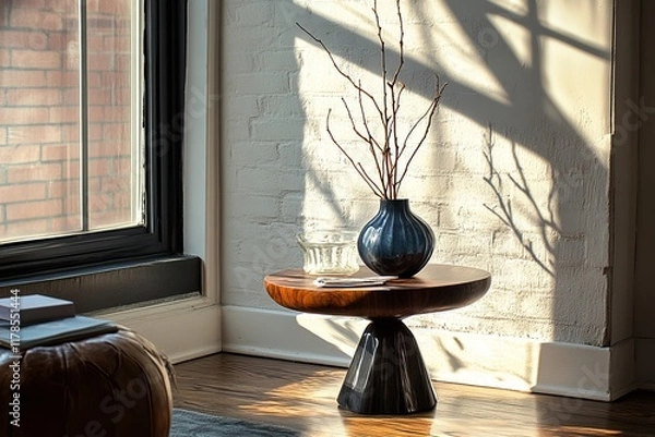 Fototapeta A vase with a branch in it sits on a wooden table. The table is on a floor next to a window