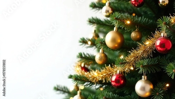 Fototapeta Glittering golden garland on the Christmas tree, White Background Christmas, Ornaments and Garlands
