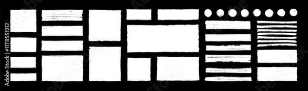 Fototapeta White vector rough edge rectangles on black background. Grunge torned square highlights, overlays collection. Paint brush strokes. Hand-drawn ripped papers for collage. Grungy border dialog text boxes