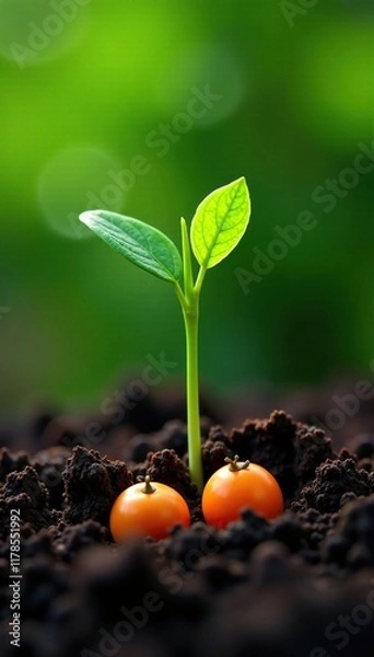 Fototapeta Soil with papaya seeds and sprouting greenery, nature, soil moisture
