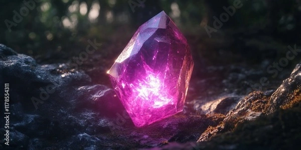 Fototapeta A glowing purple crystal in a mystical forest, surrounded by moss and natural light, creating a magical atmosphere.